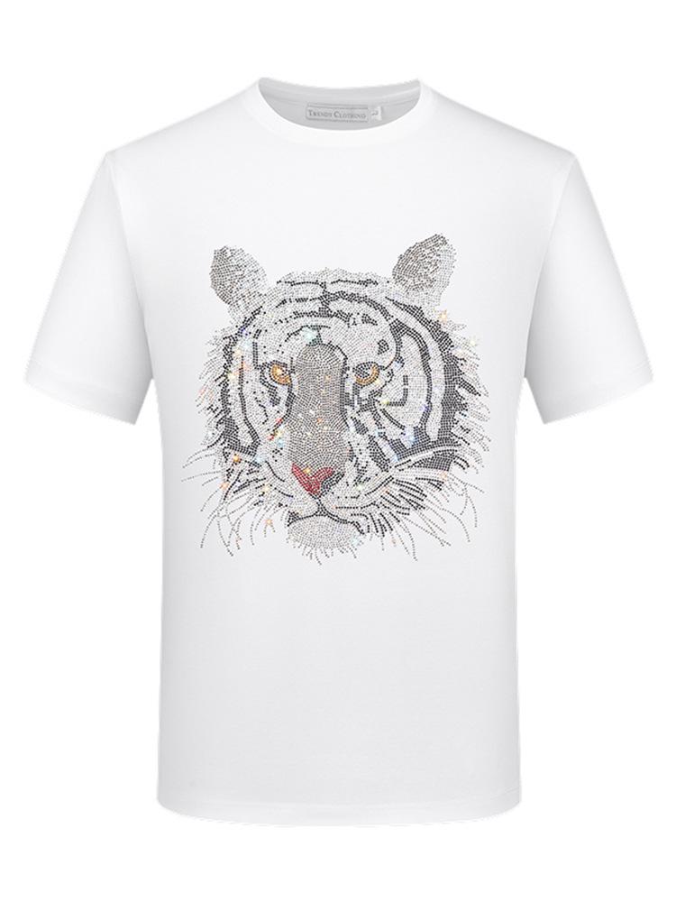 2026 Men's Slim Fit Short Sleeve T-Shirt with Rhinestone Tiger Head Design - Silk Cotton, Trendy, Plus Size Available