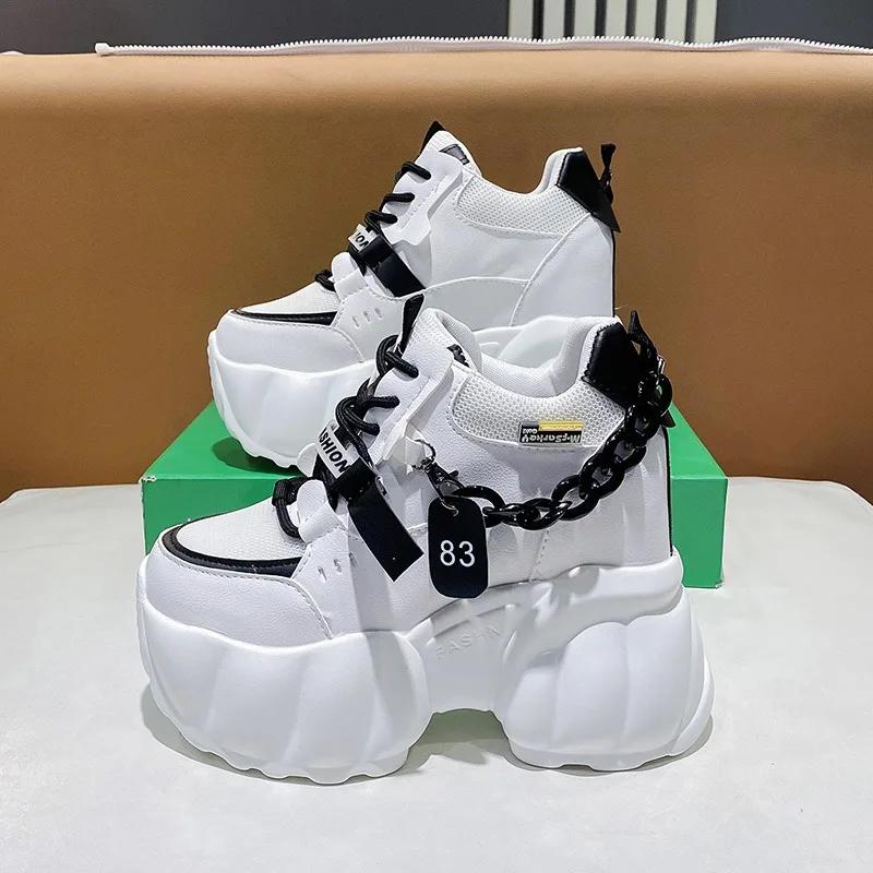 Autumn Spring Woman Platform Shoes Wedge Heel 10CM Casual Shoes Height Increasing White Black Sneakers Women Leather Shoes New