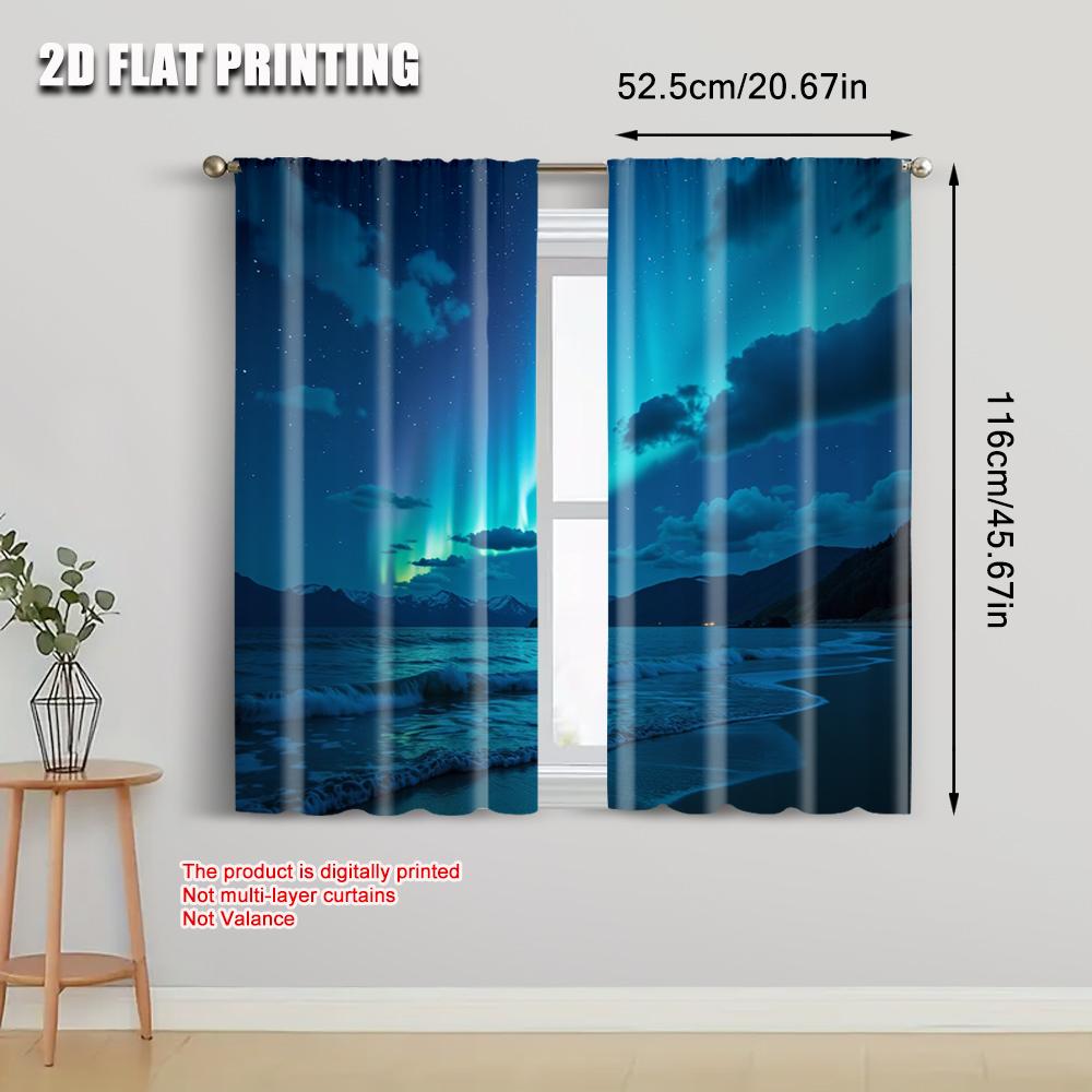2pcs   2D flat printing Party Curtains Beach aurora Versatile 100% Polyester  Without Electricity Holiday Decorations Use for