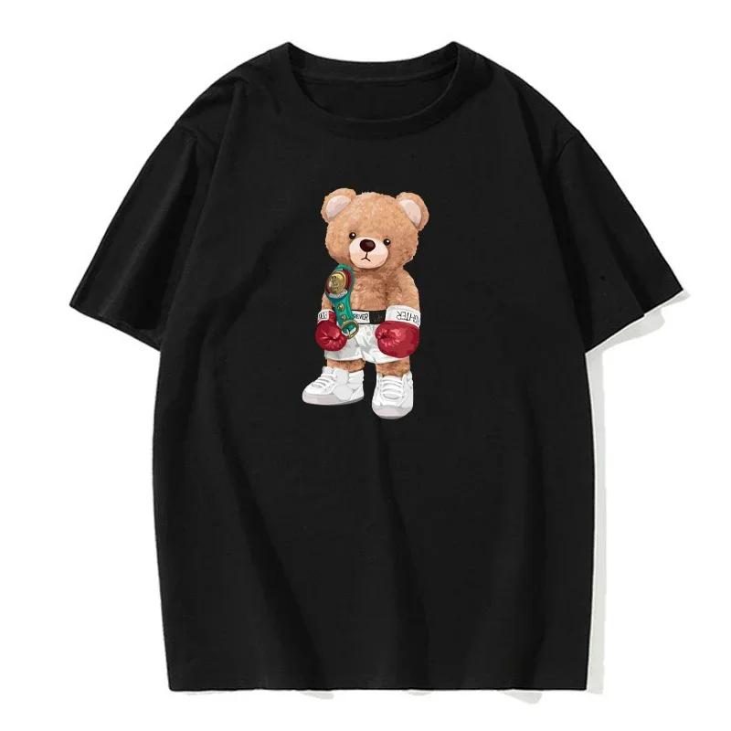 Men's Cotton Casual Short Sleeve Power Boxer Teddy Bear Never Give Up Printed Funny T-Shirt European Size Men's T-Shirt Clothing