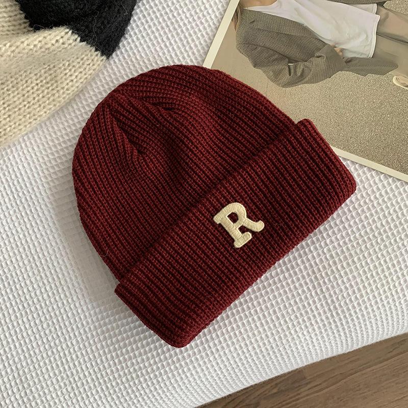 New autumn and winter R knitted wool hat casual versatile men's and women's thermal hats niche street trendy brand