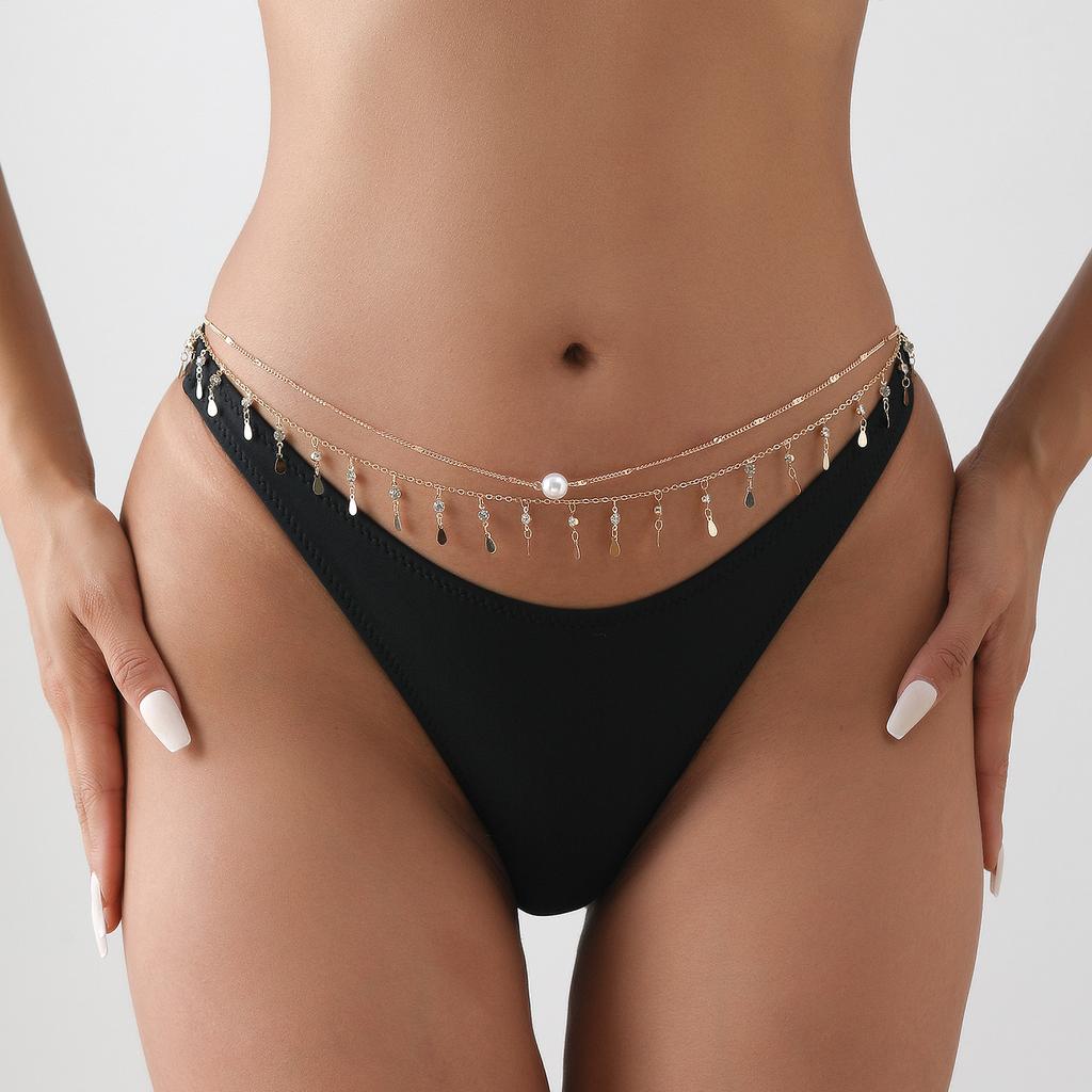 Europe, America, Simple Rhinestone Water Drop Fringed Single-layer Waist Chain for Women, Sexy Beach Bikini Body Chain