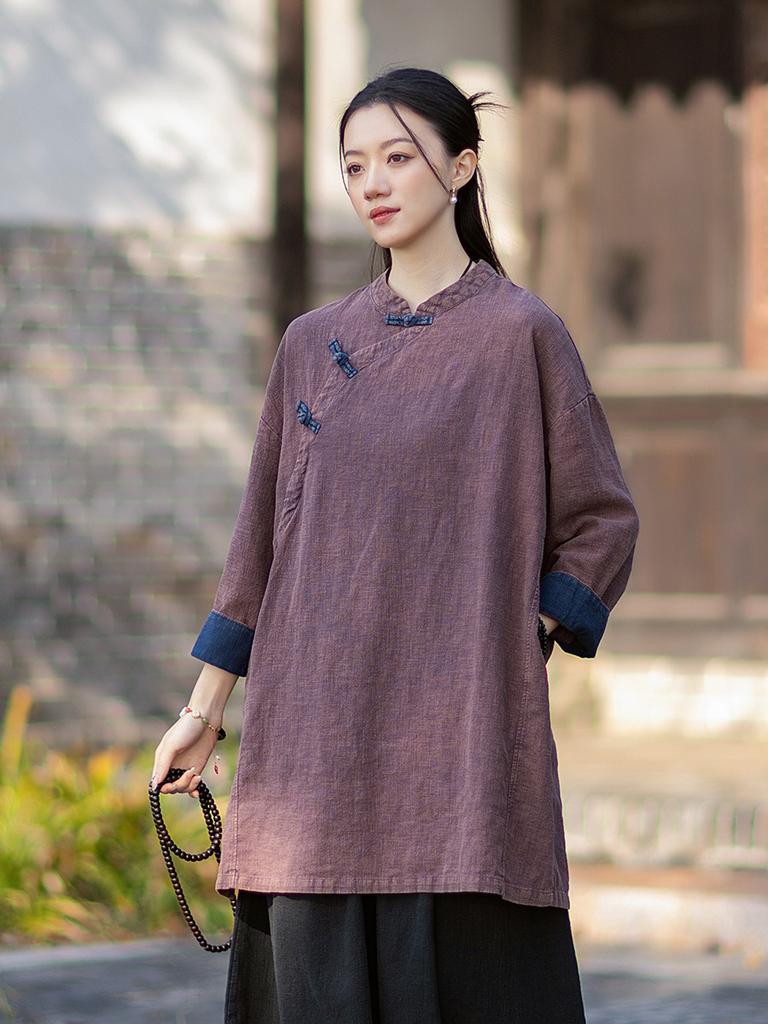 Johnature Women Vintage Shirts Tops Button Spring Chinese Style Solid Color Stand Long Sleeve Blouses