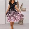 Women's Summer Casual Fashion Floral Print Short Sleeve V-Neck Swing Dress