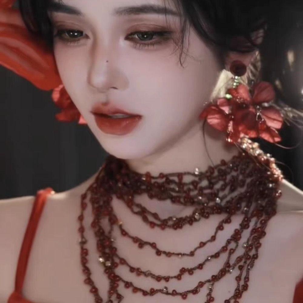 Tassel Multilayer Necklace Twine Bohemian Necklace Fashion Red Beaded Necklace  Travel