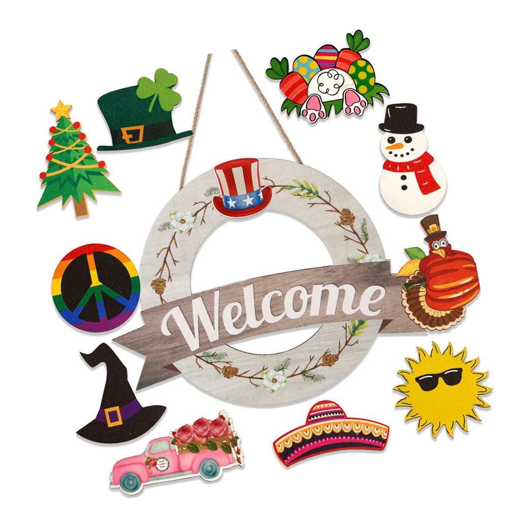 Welcome Door Sign Christmas Decors Seasonal Front Door Wood Welcome Sign with Interchangeable Farmhouses Wall Hangings