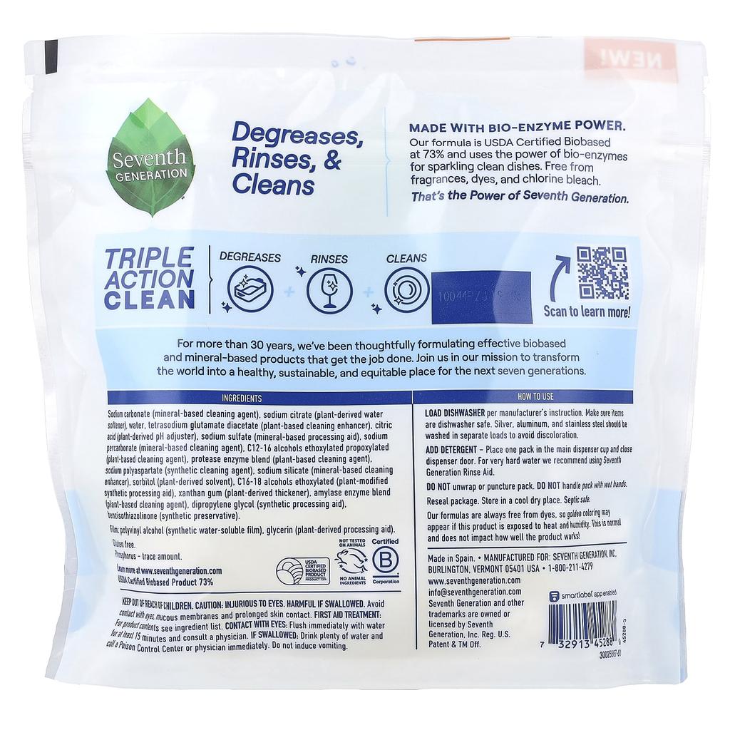 Seventh Generation, Dishwasher Detergent Packs, Free & Clear, 16 Pack, 8.9 oz (254 g)