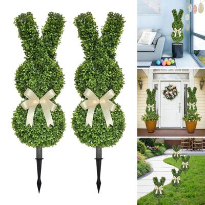 2 Pcs Artificial Bunny Topiary Tree with Spike UV-Resistant Spring Faux Boxwood Bushes Fake Rabbit Shaped Shrubs for Garden Patio Front Porch Indoor