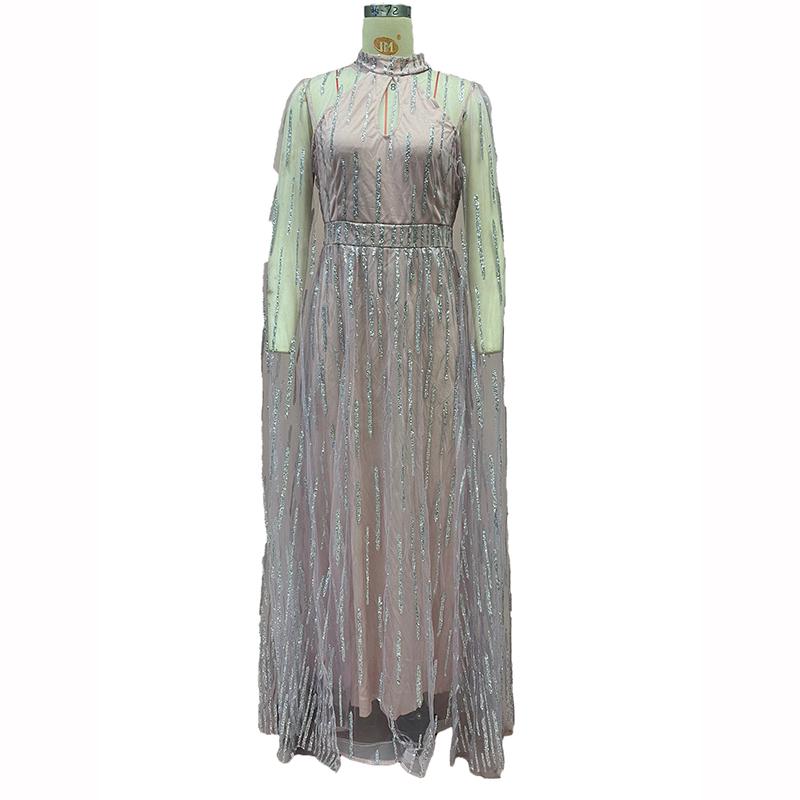 Damen Elegant Quasten Pailletten Partykleid Maxi Langarm Sexy Ausgeschnitten Rundhals Abend Hochzeitskleider