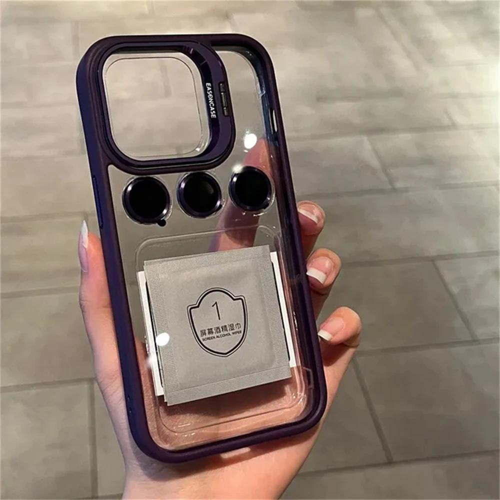 

Transparent Shockproof Lens Protector Stand Case for iPhone 11-15, Camera Glass Protection, Metal Ring For iPhone 15 Pro