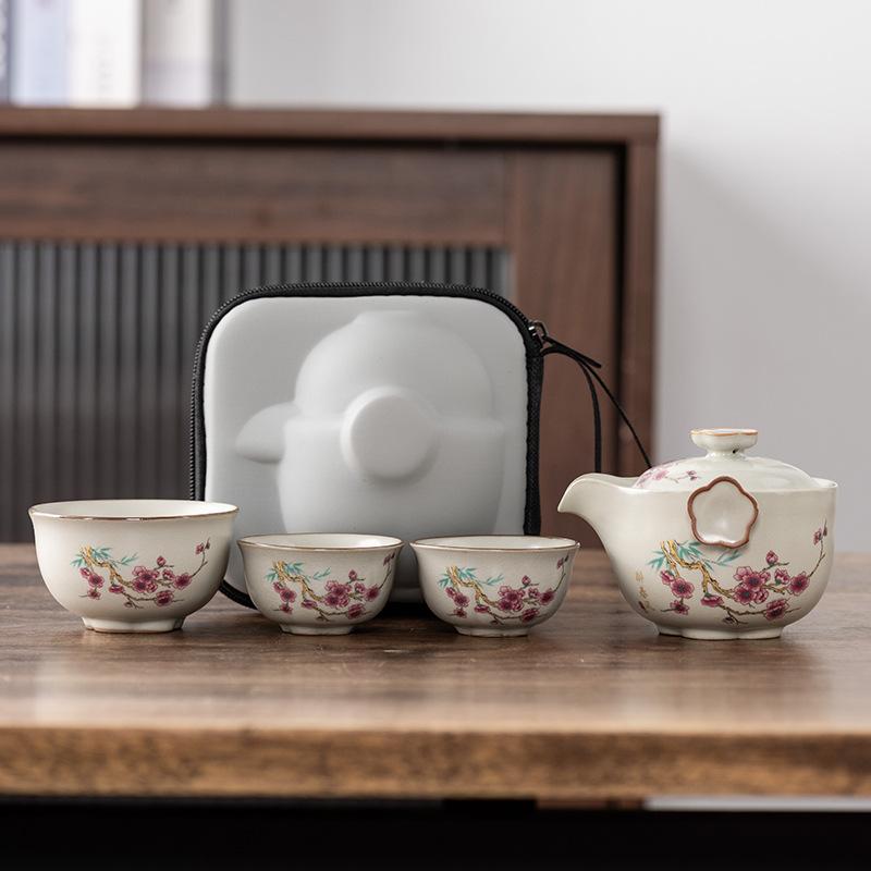 

Ru kiln high-end open-piece travel tea set, one pot, three cups, outdoor portable light luxury company business commemorative gift