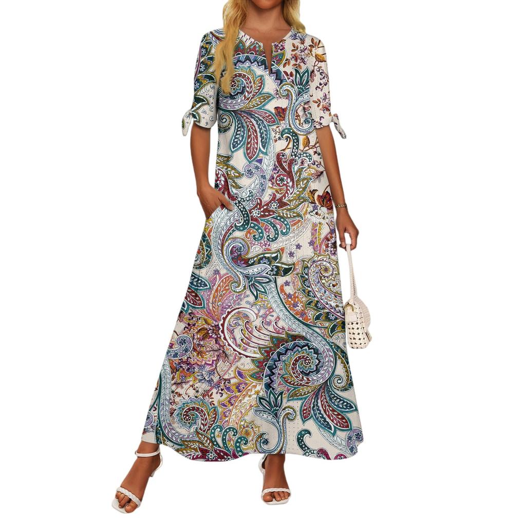 Dámské ležérní módní temperamentní elegantní pasové patchworkové květinové dlouhé šaty