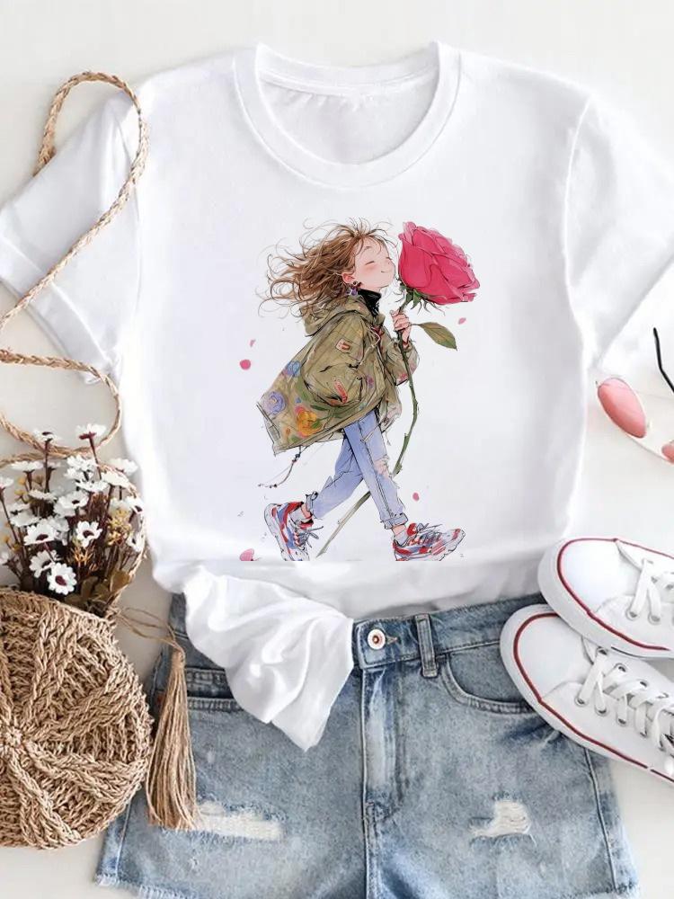 Summer Casual Harajuku Tshirt for Women Cartoon Cute Girl Print Round Neck Short Sleeve Sweet Graphic Travel Polyester Fiber