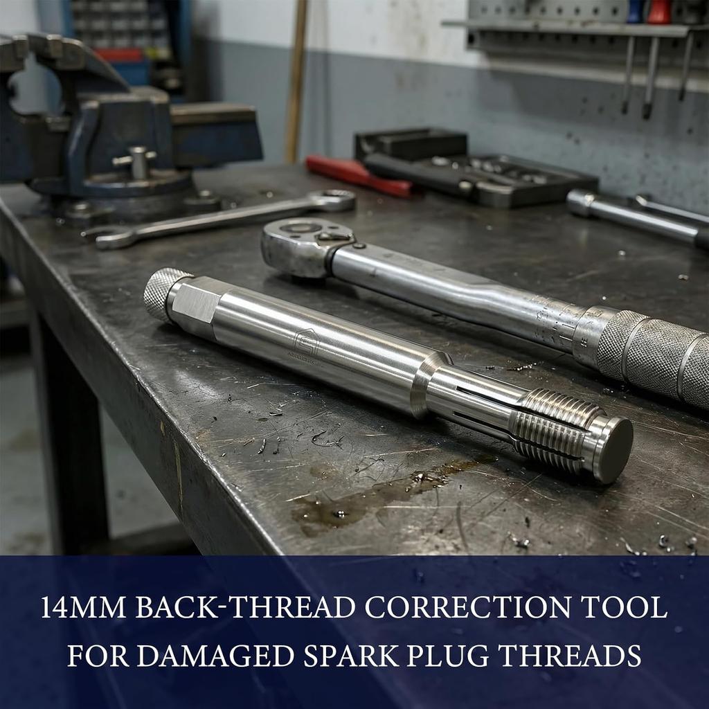14mm Back Tap Spark Plug Thread Repair Tool, M14 X 1.25 Spark Plug Straightening Tool for Repairing Damaged Threads, Steel Thread Chaser Keeps Metal