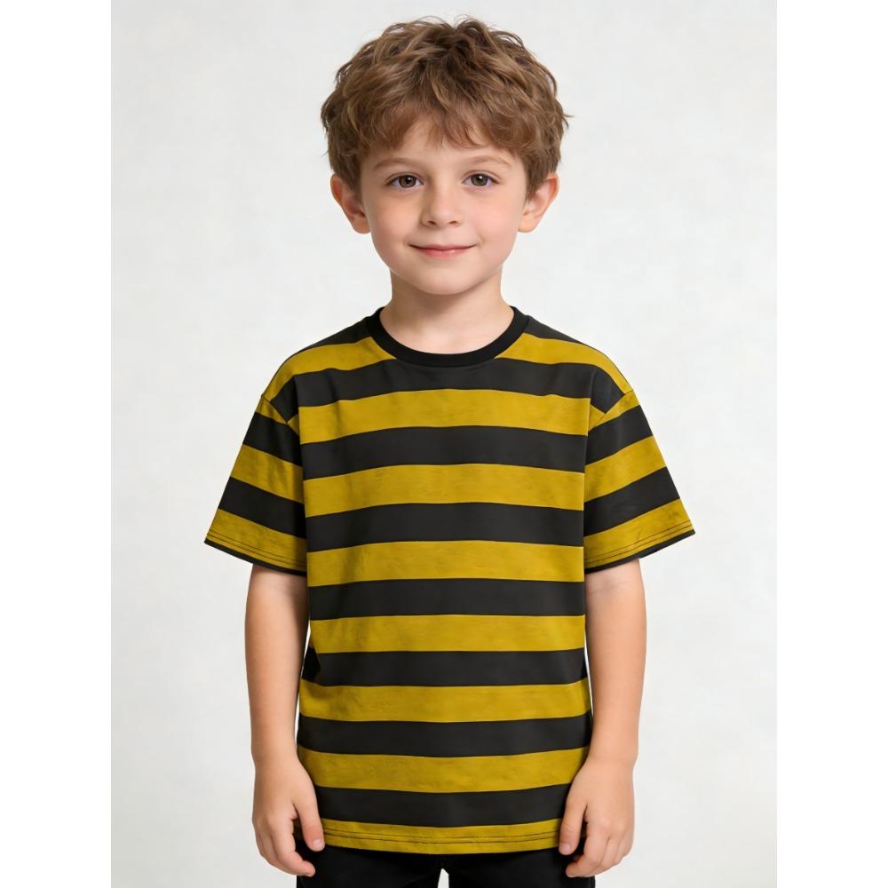 Fashionable Boys  Round Neck T-Shirt, Black and Yellow Horizontal Striped T-Shirt - Lightweight Round Neck Summer Daily 100