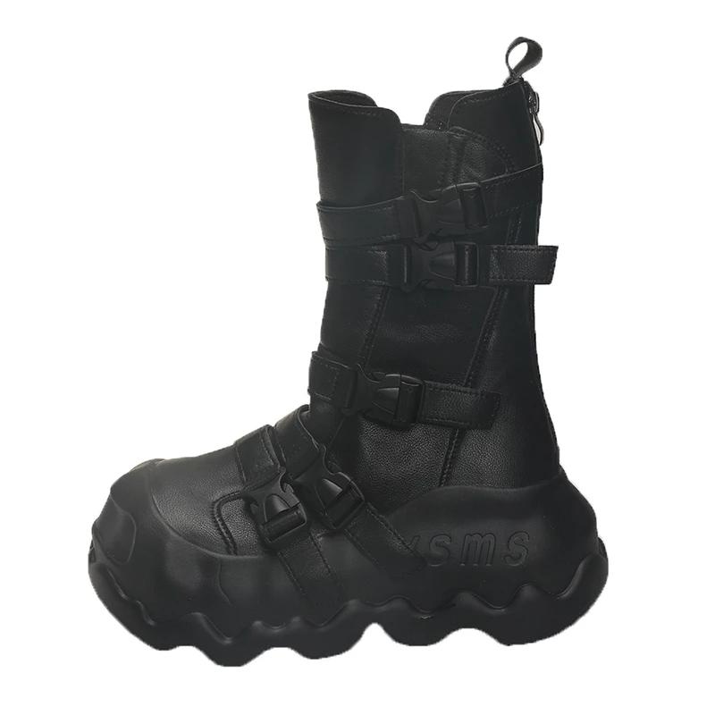 Fashion 8CM Leather Spring Platform Buckle Wedge Flats Women 2025 Autumn British Motorcycle Fashion ZIP Ankle Boots White Ladies Shoes