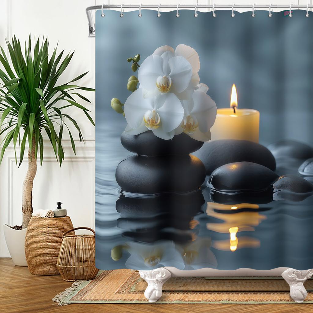 Meditation Theme Bathroom Shower Curtains Bamboo Stone Candle Crystal Bathroom Waterproof Curtain With Hooks Polyester Curtains