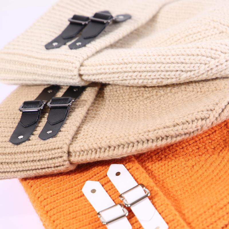 American Leather Buckle Knitted Cold Hat for Men and Women In Autumn and Winter Small Versatile Wool Hat Warm and Cold Hat