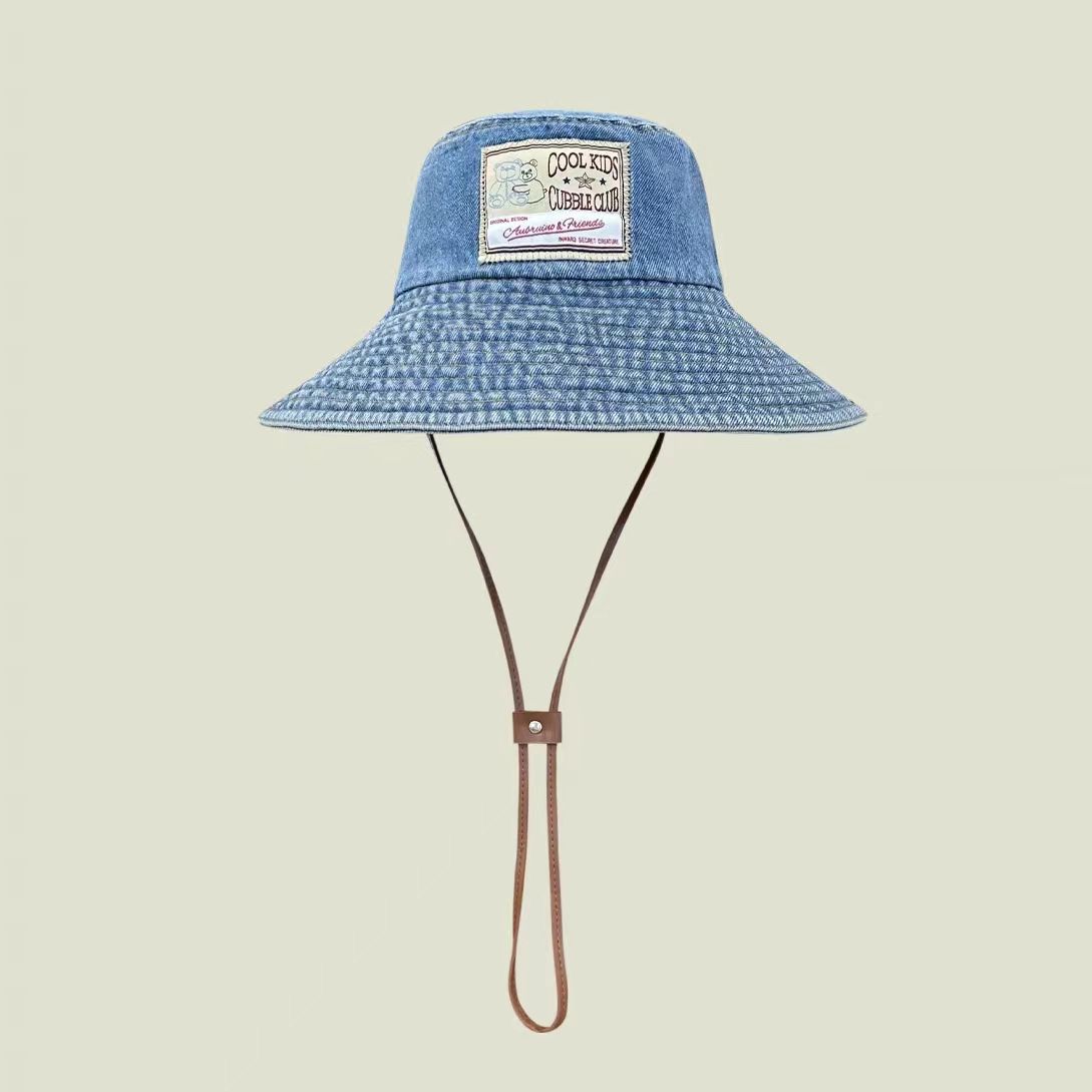 

Large brim leather windproof rope, sunshade and sun protection show the face, small tide fisherman basin hat, men s and women s spring retro versatile M（56-58cm） світло-синій колір