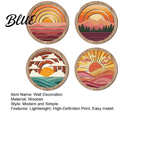 Four Piece Mountain Wall Decor 4Pcs Boho Sunset Art Abstract Landscape Round Hanging Ornaments Decorative Wooden Rounds for Living Room Bedroom