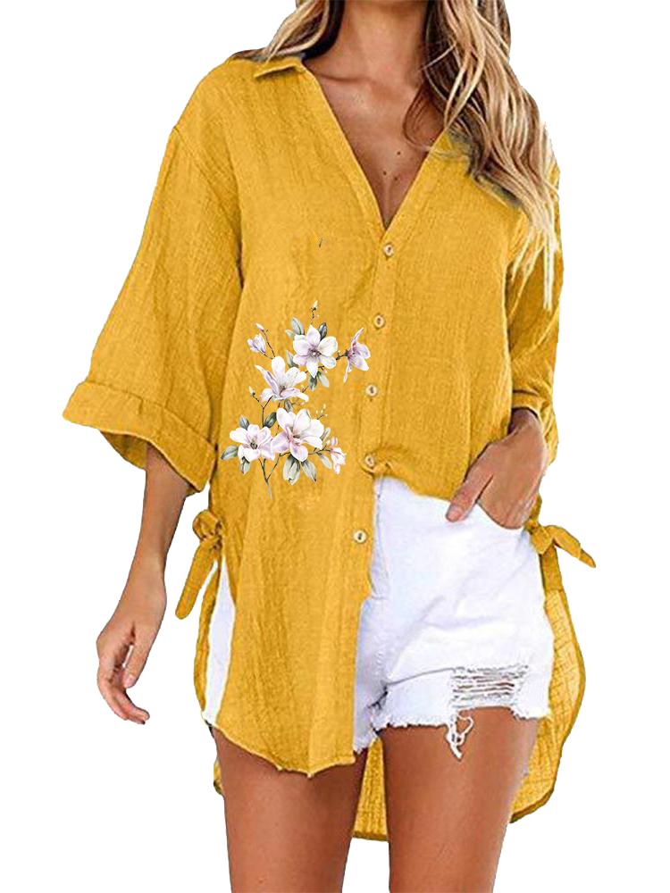 

Женская модная футболка с рукавом три четверти, женский повседневный топ с V-образным вырезом, свободные длинные блузки с цветочным принтом 5XL жёлтый
