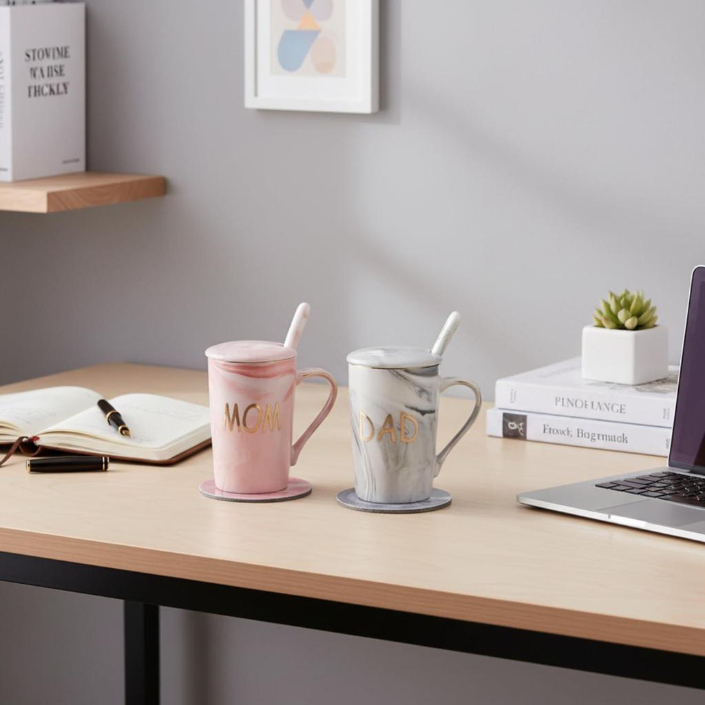 Cană de cafea, Cadouri de căsătorie pentru nuntă, Cadou pentru cuplu, Cadouri de Crăciun, Set de 2 căni de cafea pentru Mamă și Tată, Capace, Lingurițe ceramice, Coșuri