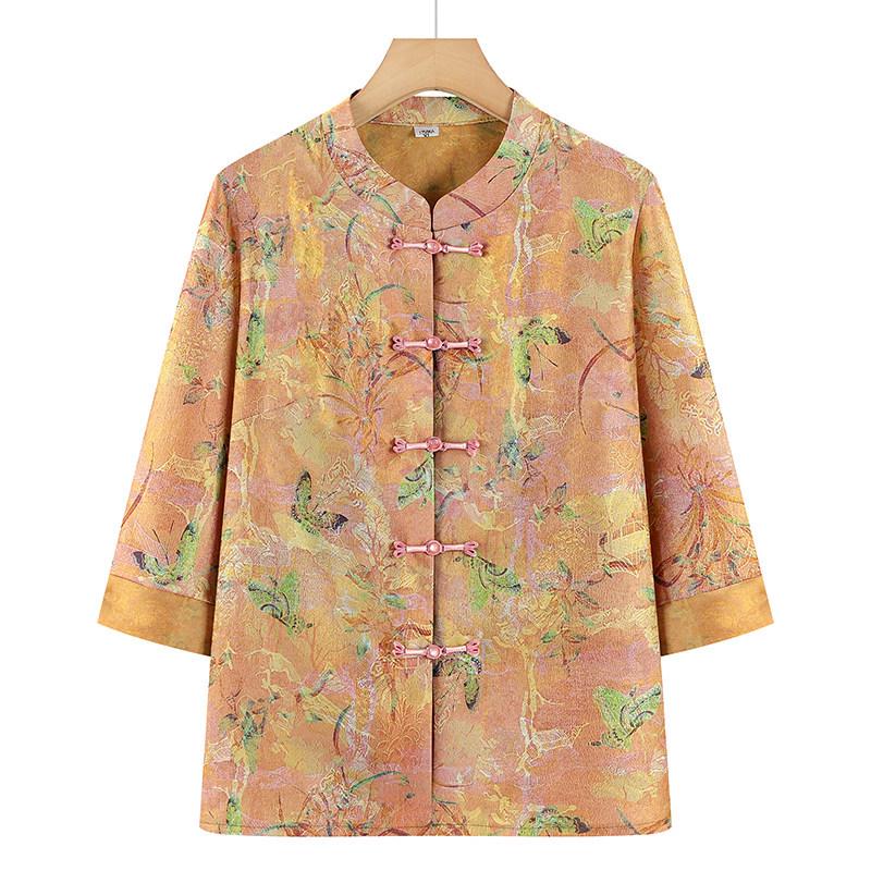

Mandarin Collar Seven-Sleeve Shirt for Middle-Aged & Elderly Women – Spring/Summer Stylish Loose Cardigan Top XL-90-105 Jin червоний