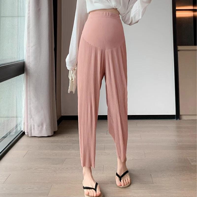 

Беременные женщины большой размер летние тонкие ледяной шелк брюки девять точек широкие ноги новые брюки для поддержки живота mm повседневные прямые 2XL [suitable for 140-77.5kg] розовый