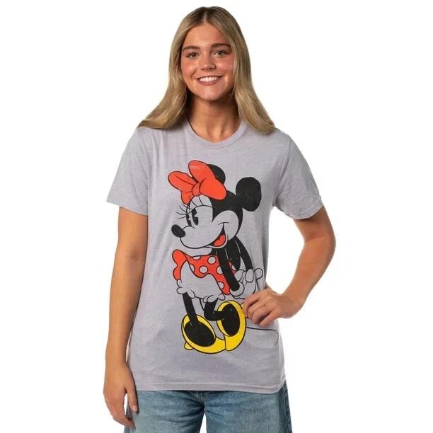 Disney Minnie Mouse Womens Distressed Cute Pose Graphic Gray Shirt NWT Large L