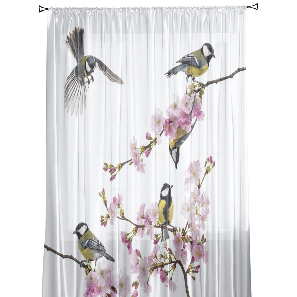 Oriole Peach Blossom Bird Flower Sheer Curtains for Living Room Decoration Window Curtains Kitchen Tulle Voile Organza Curtains