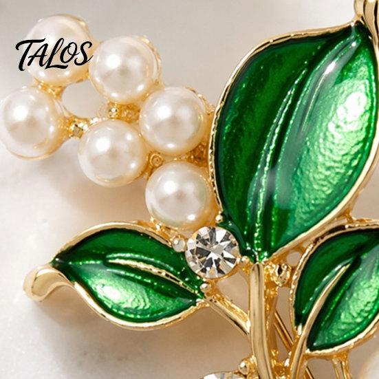 Talos Brooch Pin, Plant Shape Lapel Pin with Green Leaf Design, Imitation Pearl Rhinestone Combination Stable Buckle for Daily Commuting And