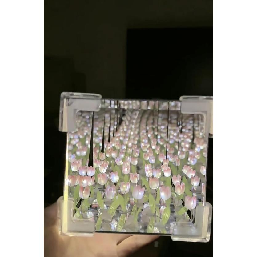 Keeda Finished Cube Tulip Mirror Lamp LED Handmade Simulated Tulip Table Lamp DIY Creative Magic Cube Mirror Night Light Tulip Lamp for Valentines