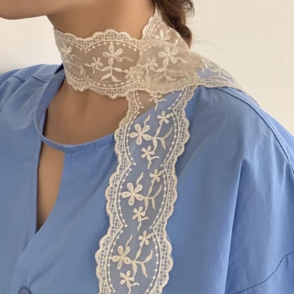 White Flower Lace Decorative Thin Scarf 150cm Skinny Scarf Women Y2K Long Narrow Lace Hollow Scarf Vintage Lace Trim Headband