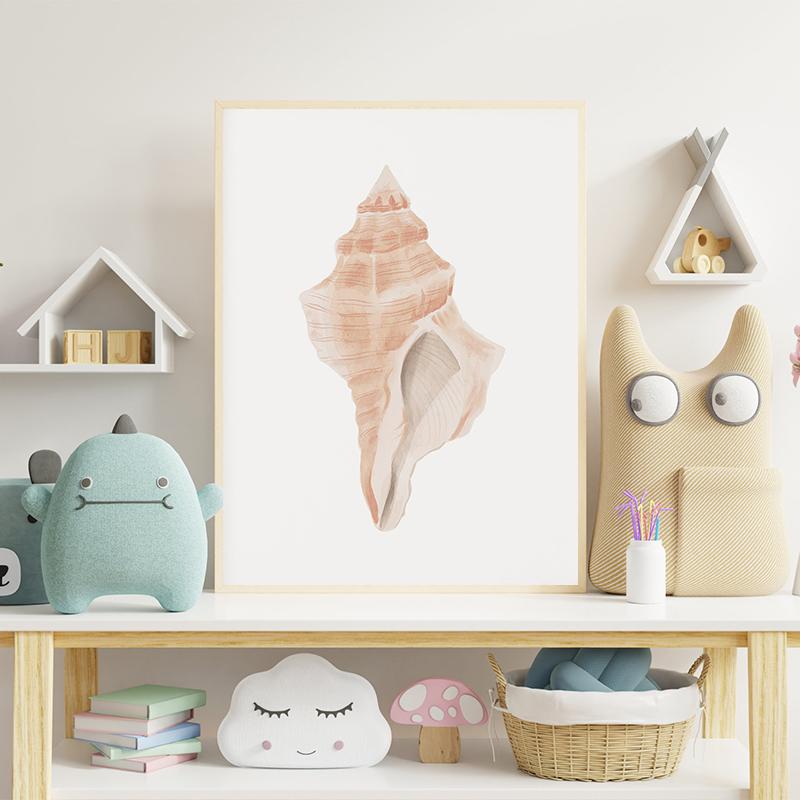 Beach Crab Conch Coral Starfish Shell Sand Watercolor Poster Canvas Printing Coastal Wall Art Picture for Living Room Home Decor