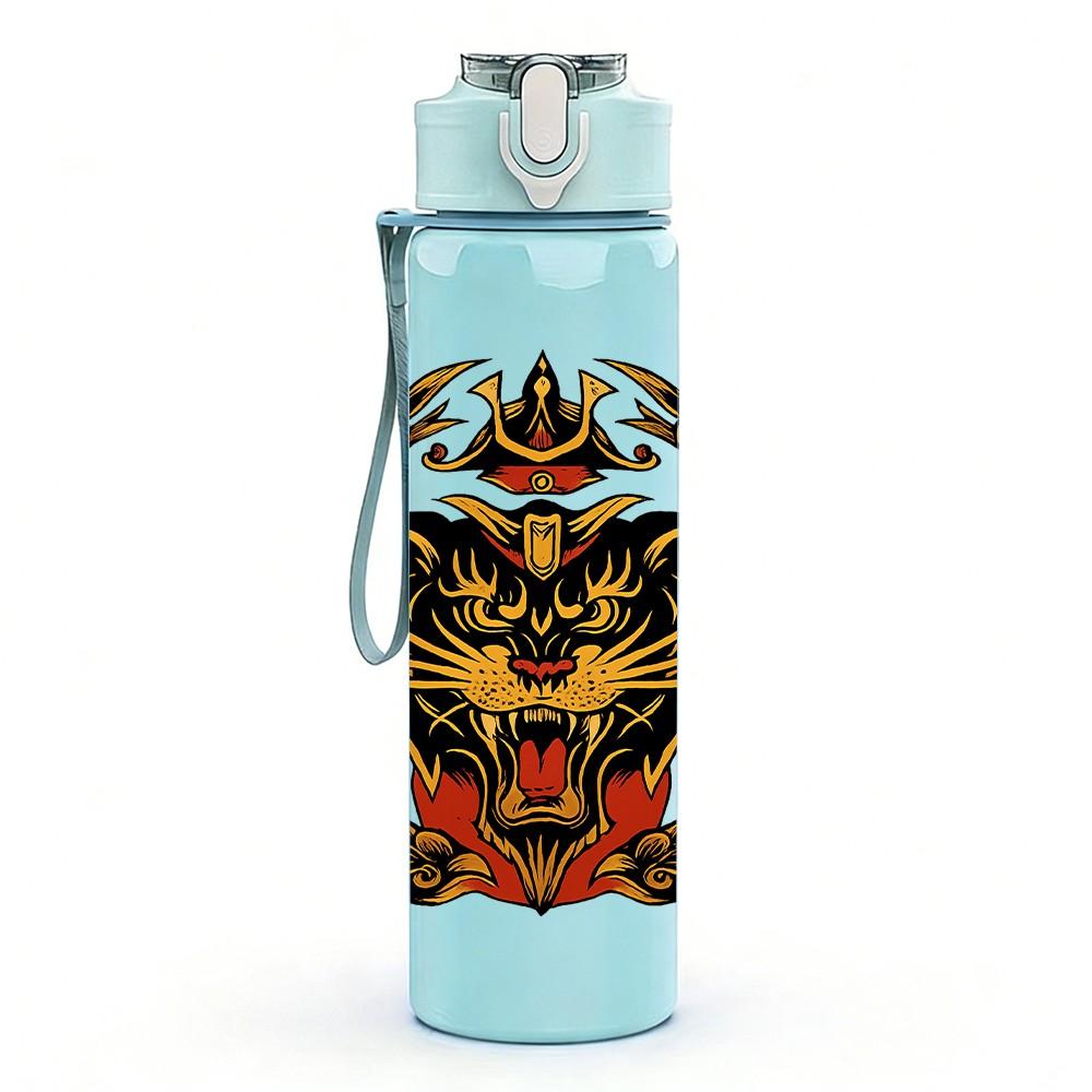 1PC Tiger Head Ornate Frame Print 750ml Color Plastic Sports Water Bottle Leakproof Flip Straw Lid Suitable for Sports Office Home Use