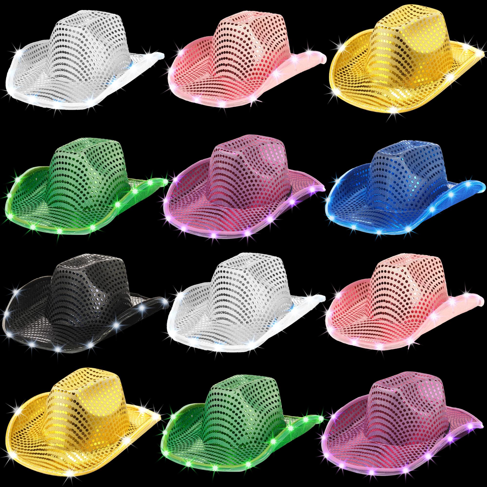 6-20Pcs Light Up Cowboy Hats for Wedding Sequins LED Cowboy Hats for Women Flashing Cowboy Hat Bulk Bachelorette Party Favors 6Pcs
