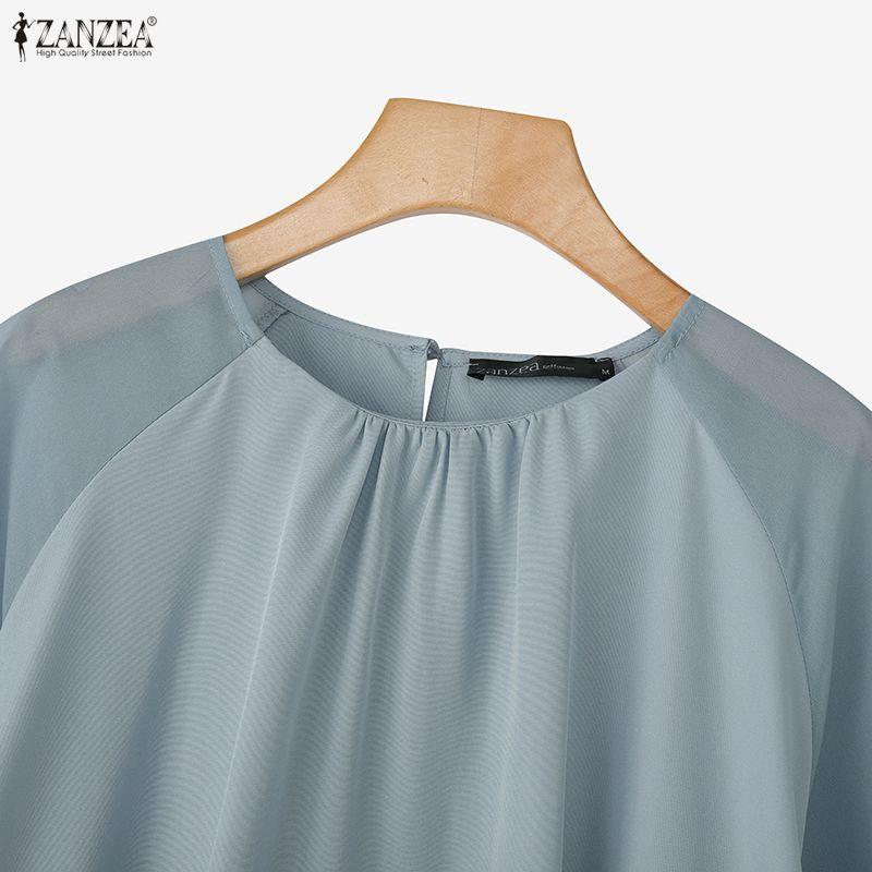 ZANZEA Women Casual Round Neck Loose Mesh Splice 3/4 Sleeve Blouse