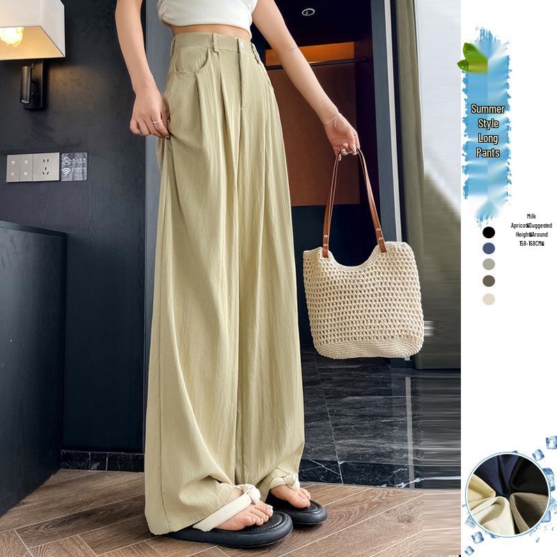 

Женские брюки с высокой посадкой и прямыми штанинами из ледяного шелка на 2025 год, приталенный силуэт для миниатюрных, драпированный летний стиль, дизайн с зауженными штанинами S