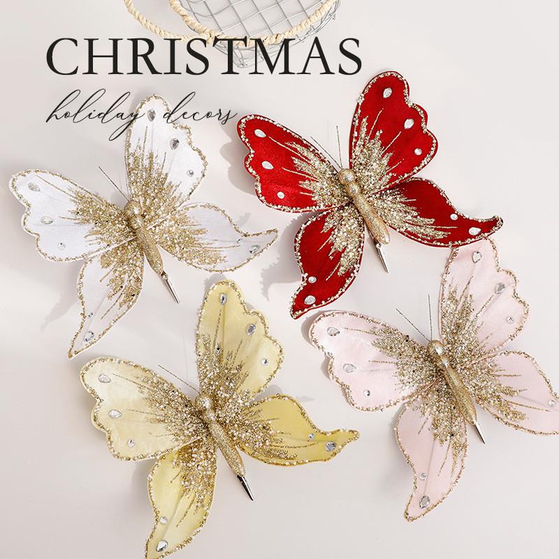 Christmas Tree Glitter Decor With Faux Butterfly Ornaments For Holiday Festivities