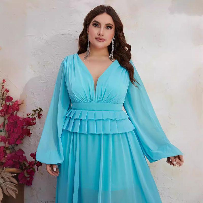 

New Style European and American Plus-Size Long Dress V-Neck Long-Sleeve Dress for Women Wedding Dress Maix Mint Blue XL