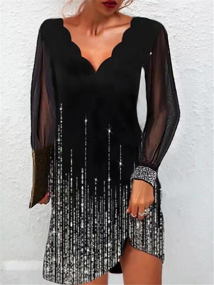 Cross-border foreign trade women s clothing spring and autumn new printed dress women s mesh yarn long-sleeved splicing wavy collar dress S чёрный