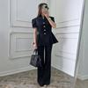  European and  women's clothing new solid color button stand-up collar short sleeve waist wide swing top wide leg pants set