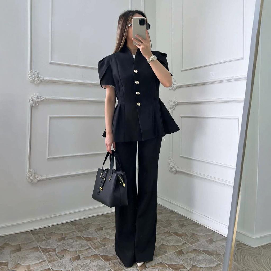 European and women's clothing new solid color button stand-up collar short sleeve waist wide swing top wide leg pants set