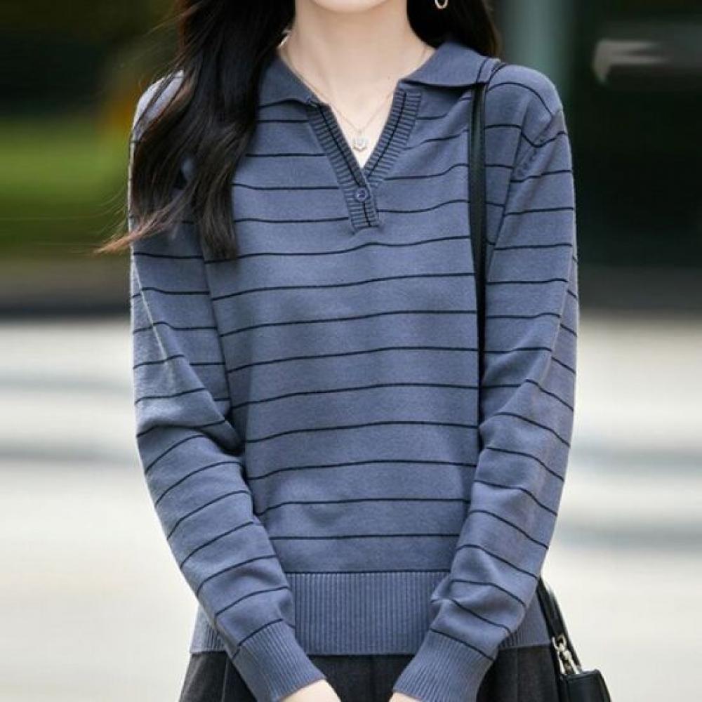 Navava Women Casual STriped Collar Long Sleeve KniT T shirT Nk3600