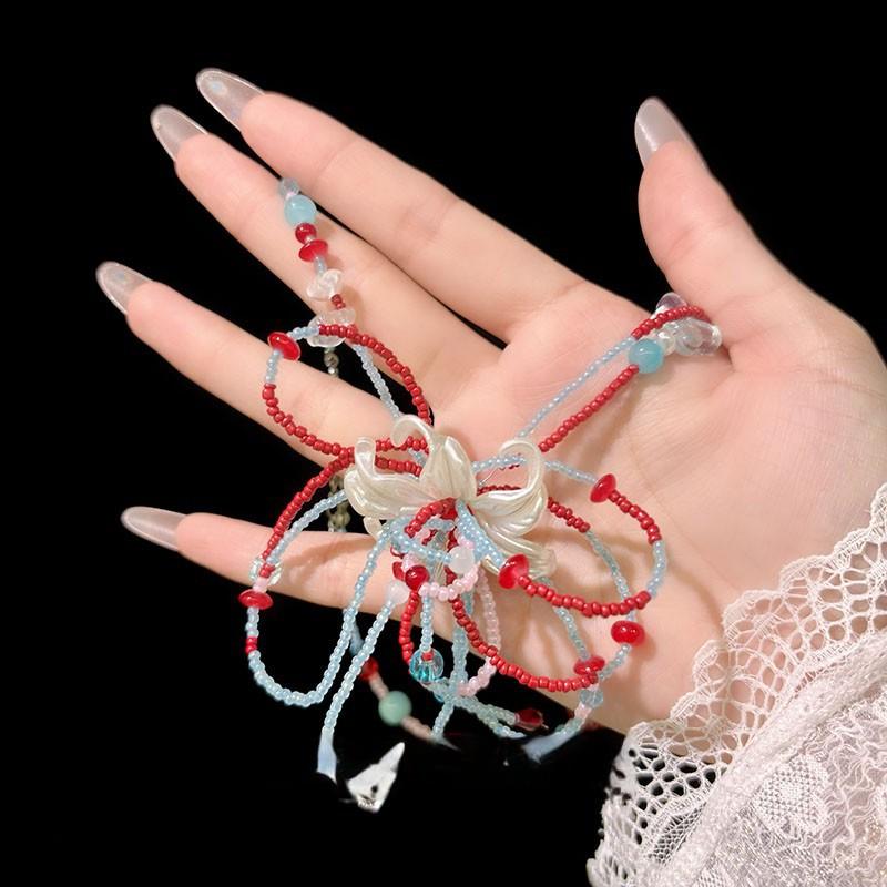 [Red and Blue Flower Language] Retro red and blue contrasting colors beaded flower necklace fresh and sweet atmosphere summer collarbone chain