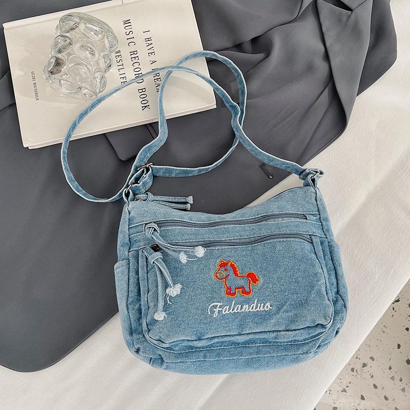 Cute Horse Embroidered Denim Crossbody Bag Multi Pocket Casual Shoulder Bag for Women