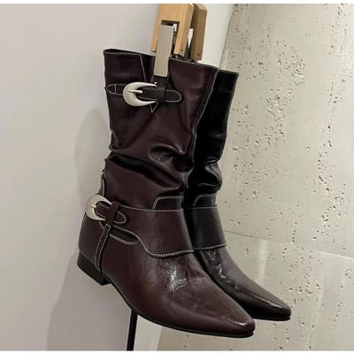 Fashion New Style Luxury Pleated Buckle Knight Boots for Women Autumn Brown Leather Mid Calf Boots Woman Slip-On Thick Heel Riding Boots