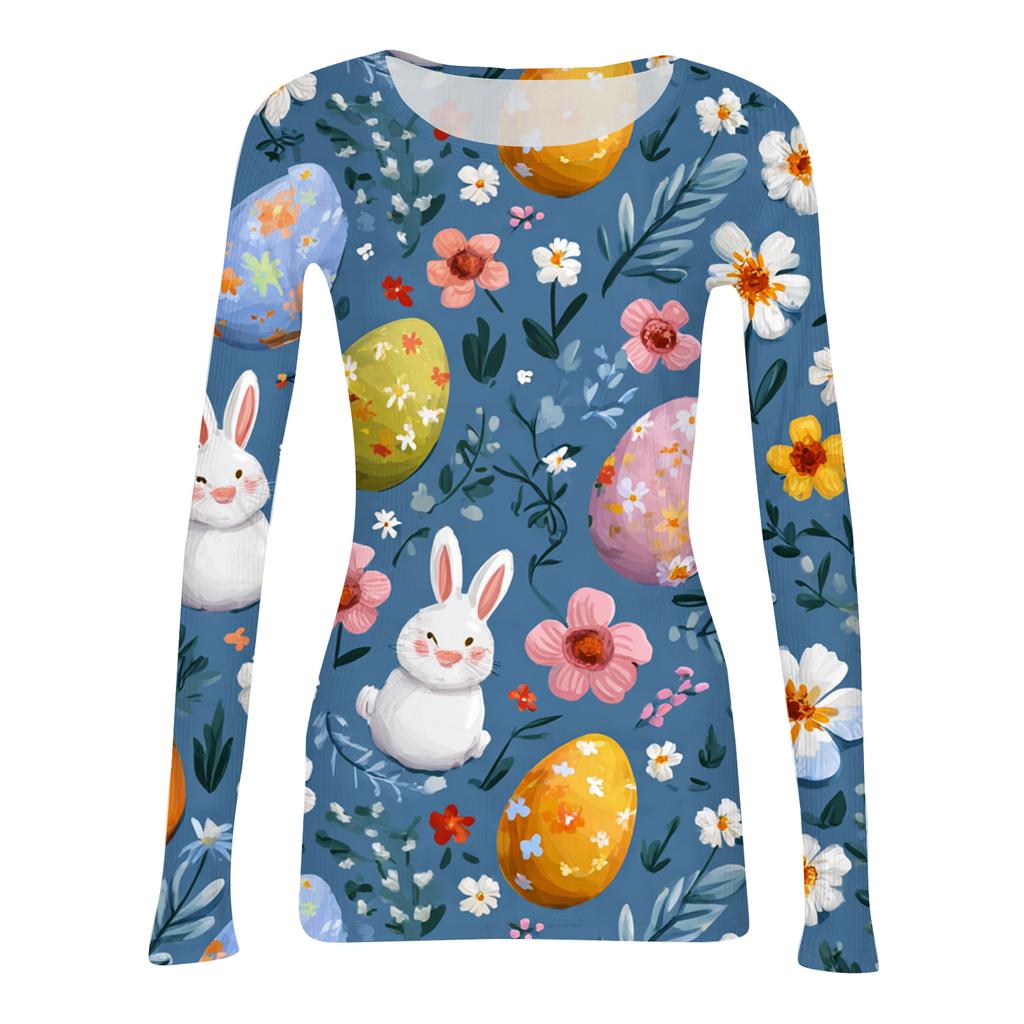 Women's Casual Fashion Round Neck Easter Print Long Sleeve Ribbed Top