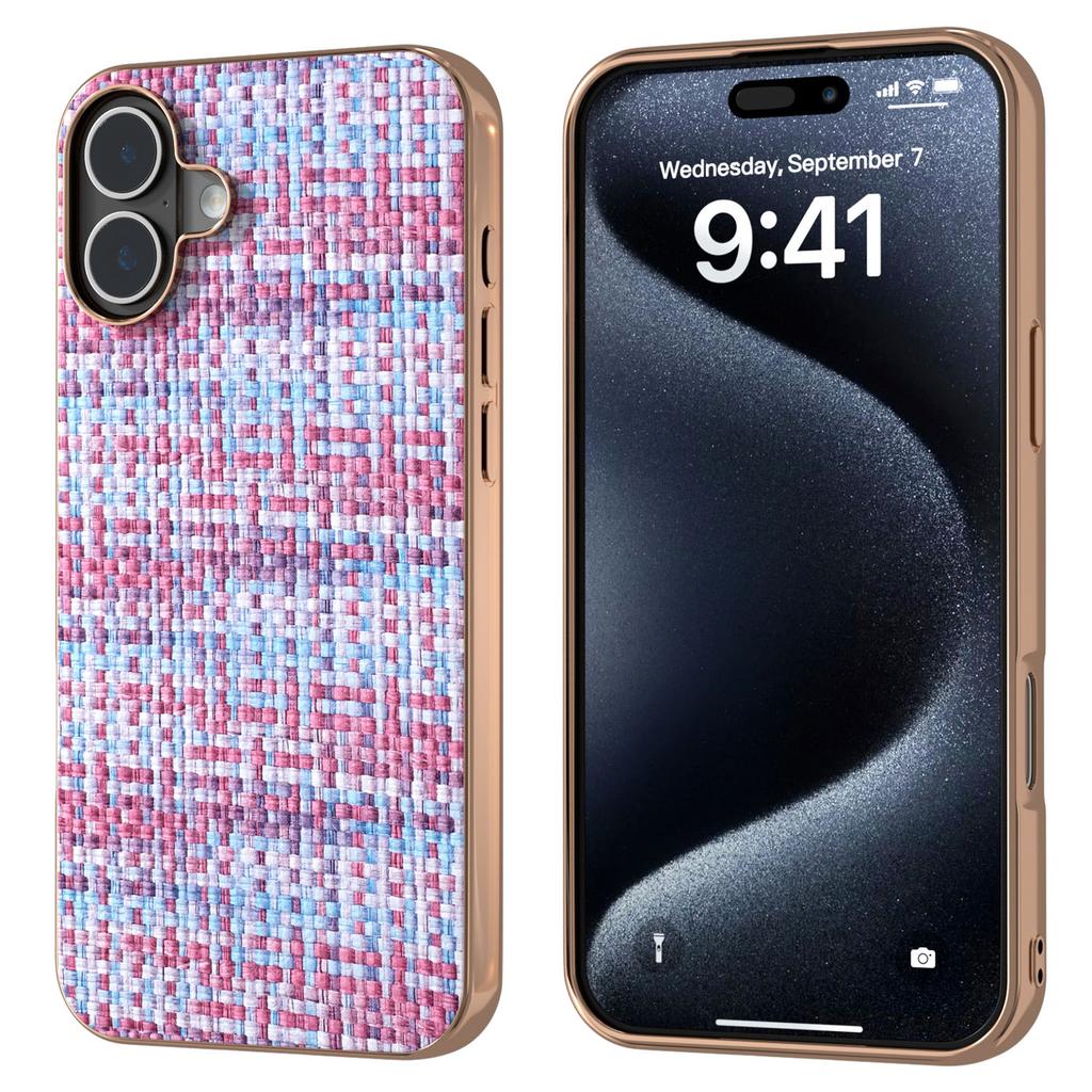 For iPhone 16 Plus Case Electroplating Edge Plaid Texture PU Leather+PC+TPU Phone Cover