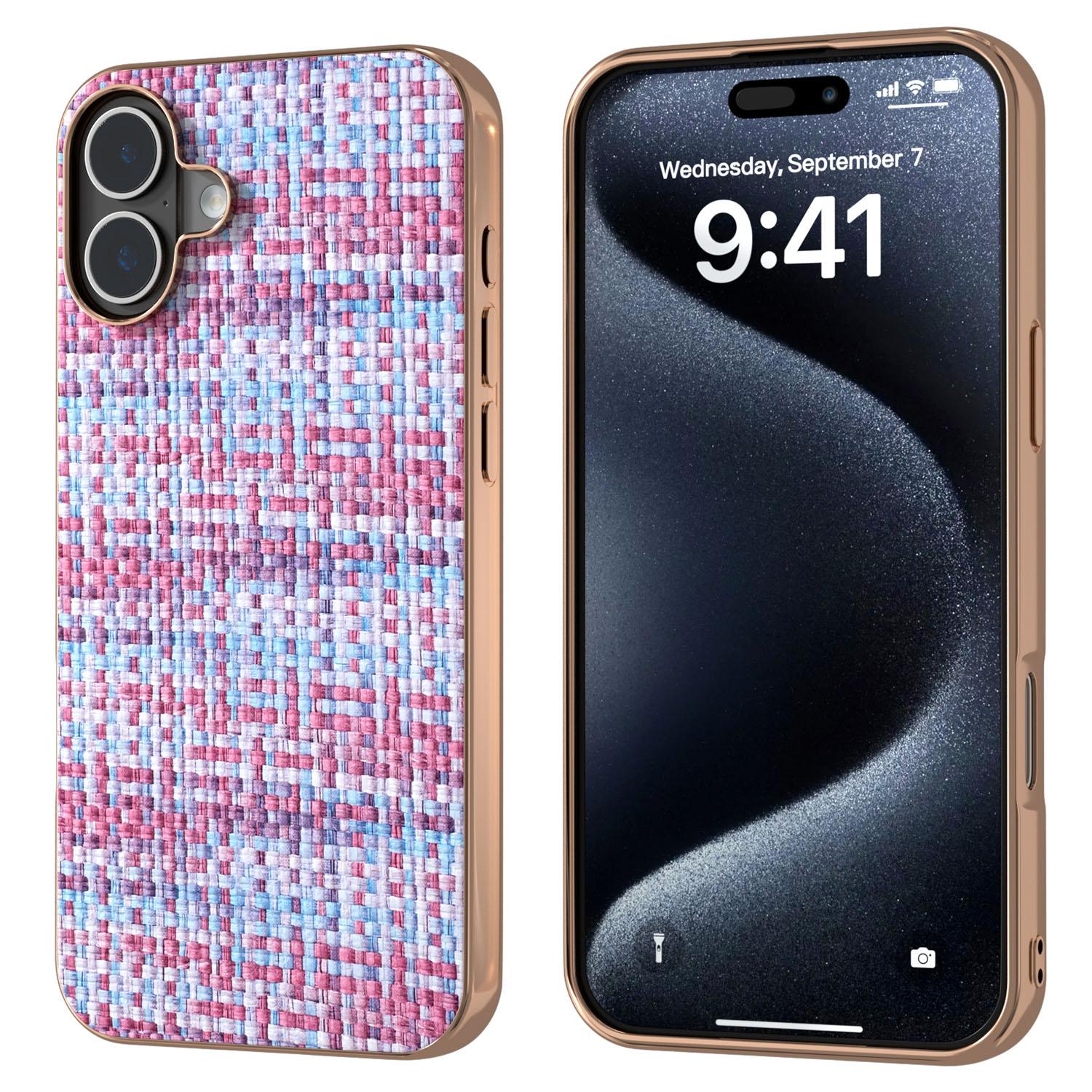 

For iPhone 16 Plus Case Electroplating Edge Plaid Texture PU Leather+PC+TPU Phone Cover Purple
